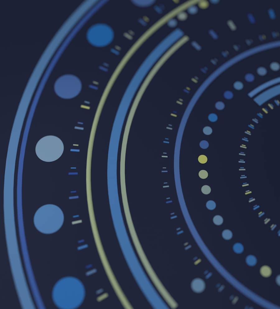 Gráfica circular de datos sobre fondo azul marino, con anillos concéntricos, marcas de escala y puntos azules y dorados de distinto tamaño