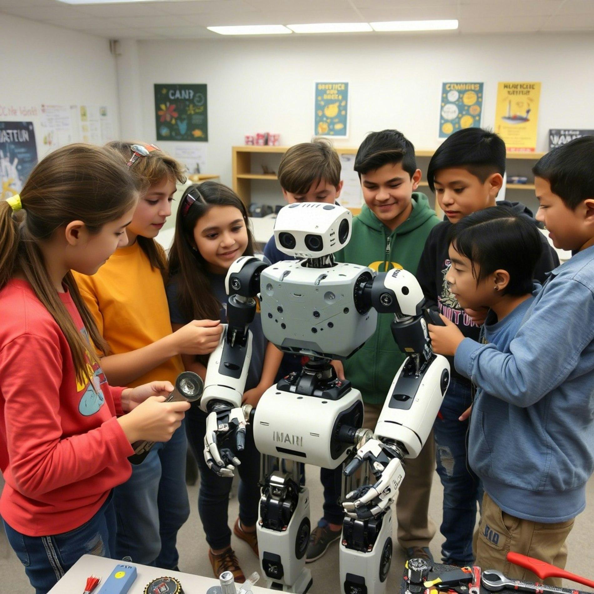 Grupo de niñas y niños rodeando un robot humanoide en el aula